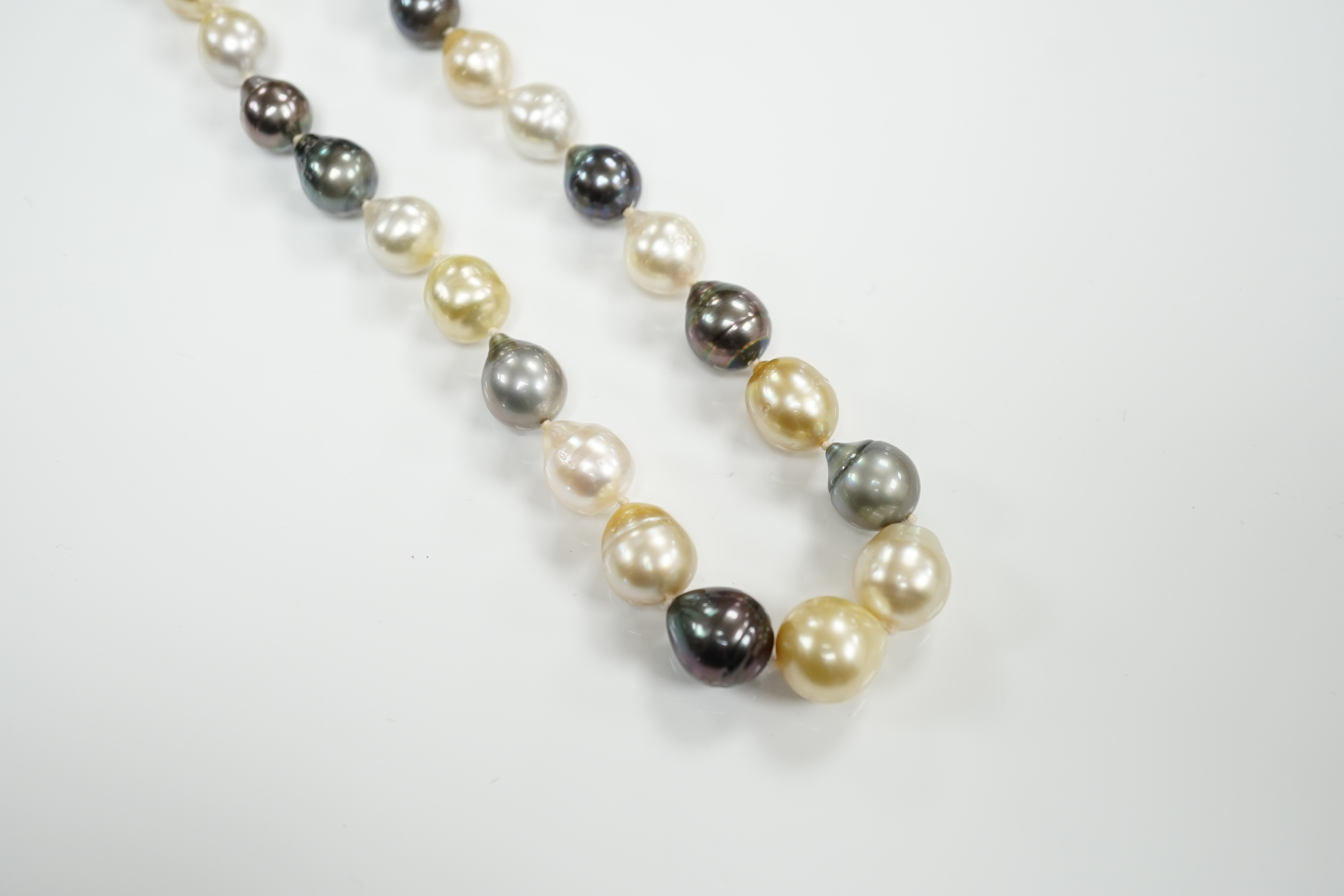 A modern single strand cultured South Sea cultured baroque pearl necklace, with 18ct gold spherical clasp, 42cm, with box.